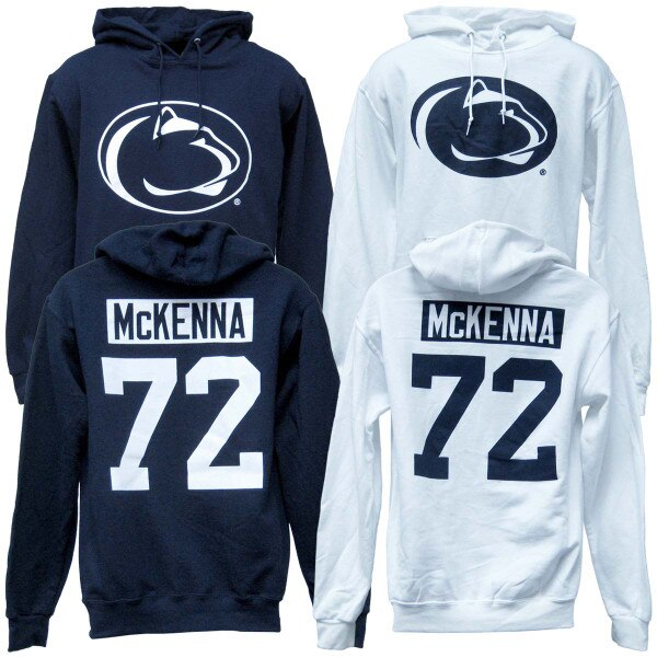 navy and white hooded sweatshirts Penn State Athletic Logo on fronts, McKenna 72 on backs